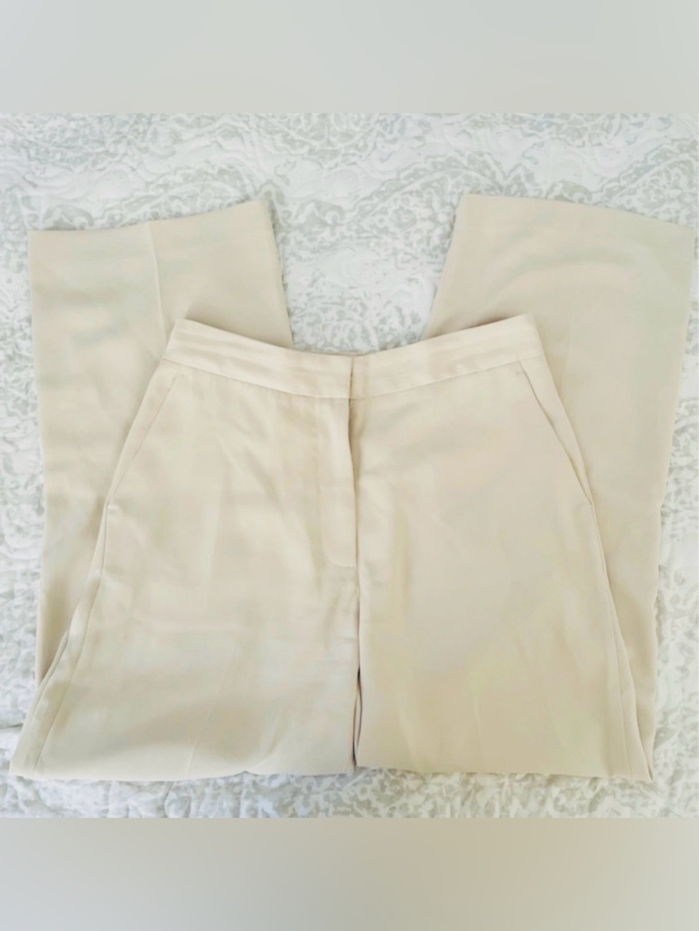 Quince Beige Wide-Leg High-Waist Tailored Trousers Sz 14 30” Inseam